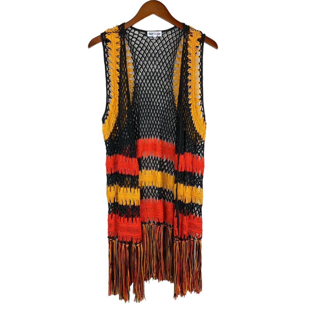 Deep Sugar Crochet Vest Fringe Sleeveless Boho L